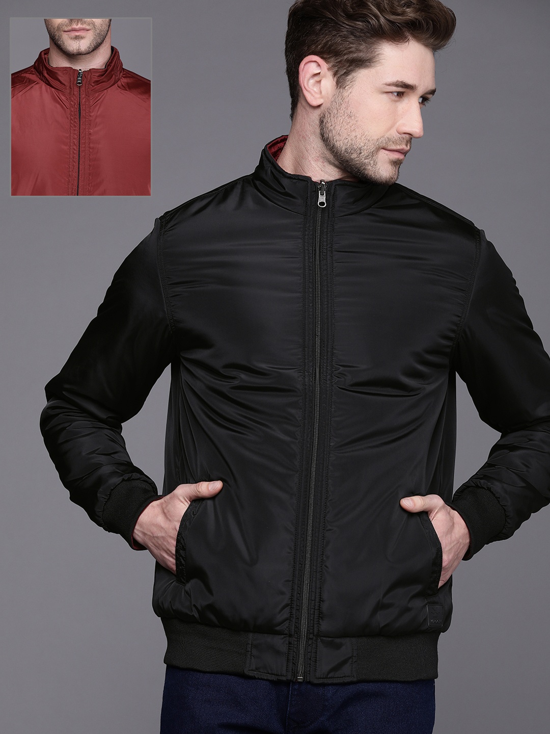 

WROGN Men Black And Maroon Solid Mock-Collar Reversible Bomber Jacket