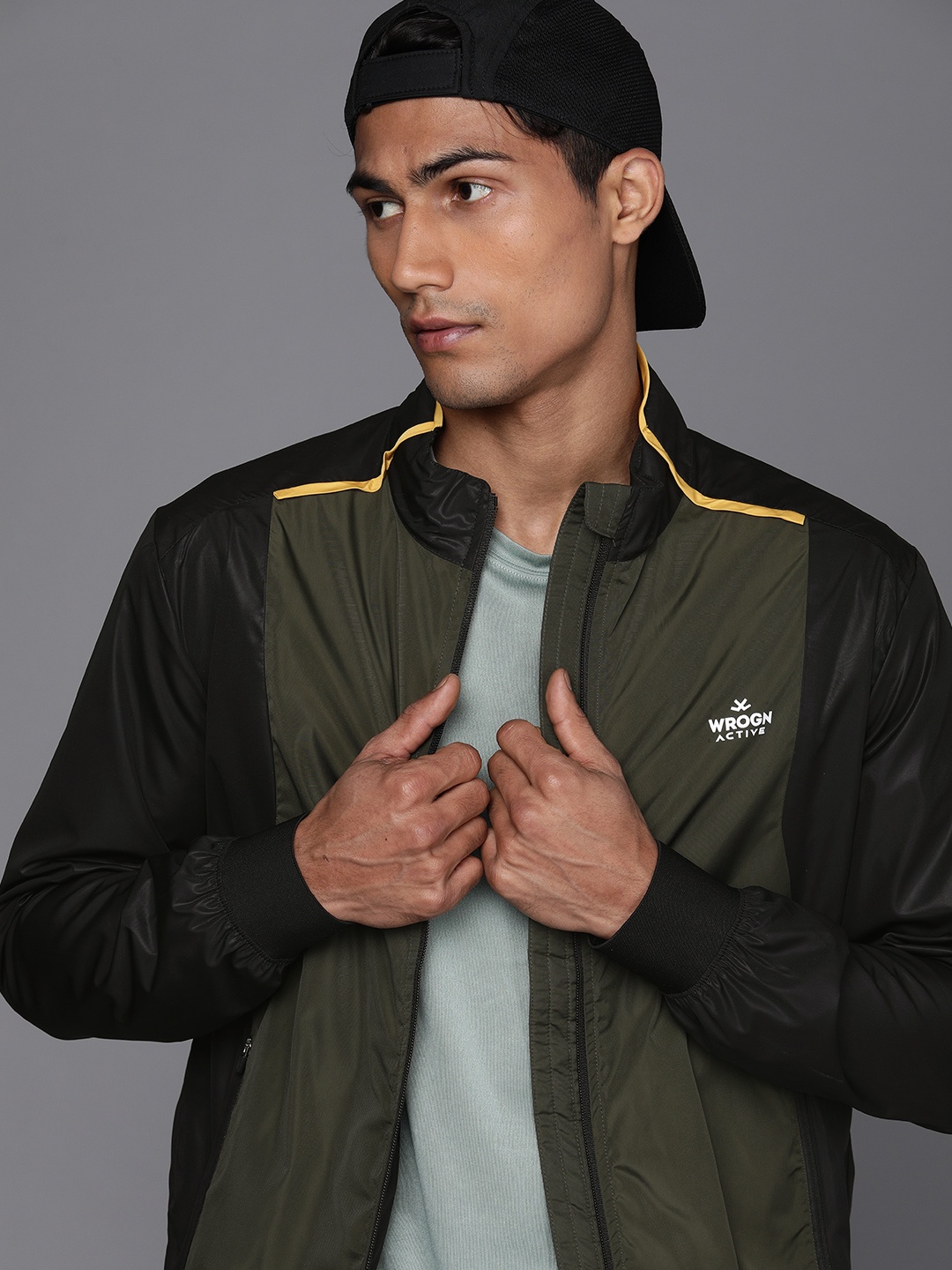 

WROGN ACTIVE Men Olive Green Black Colourblocked Bomber Jacket