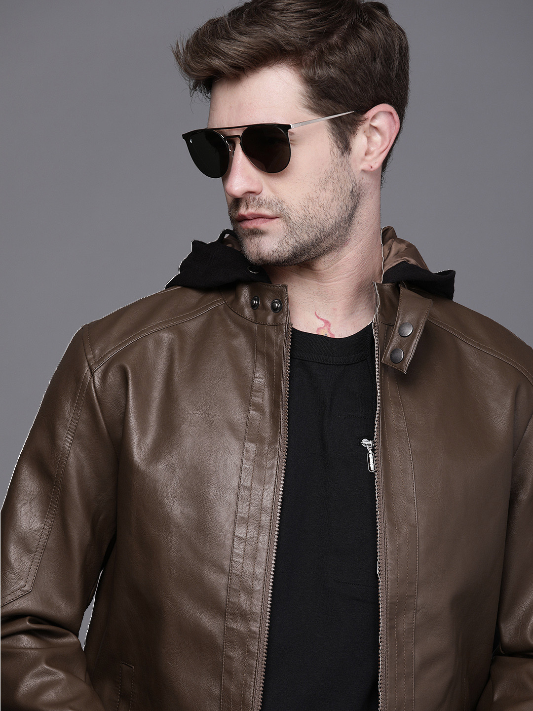 

WROGN Men Brown Hooded Biker Jacket
