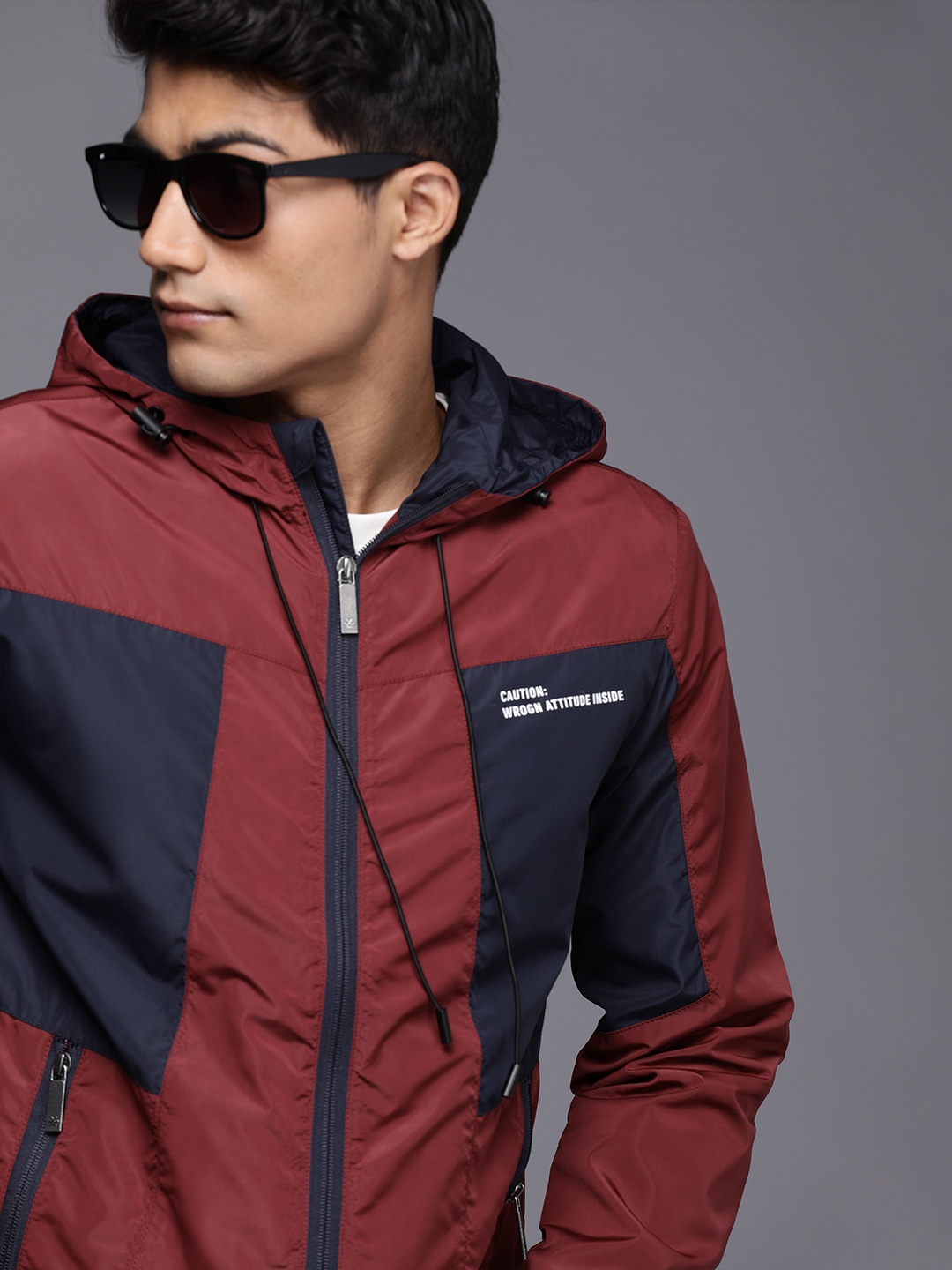 

WROGN Men Maroon & Navy Blue Colourblocked Hooded Sporty Jacket