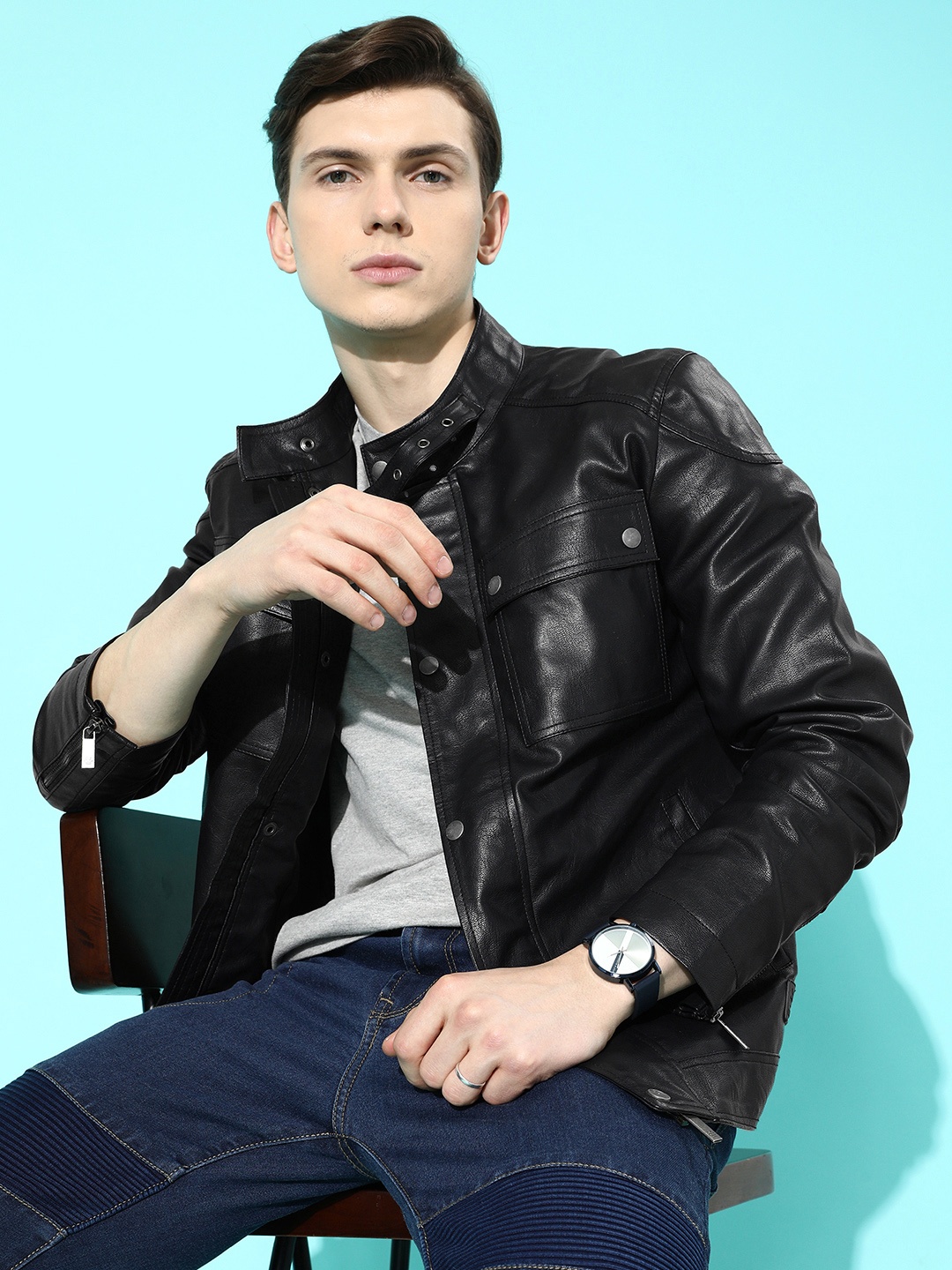 

WROGN Men Black Solid Leather Jacket