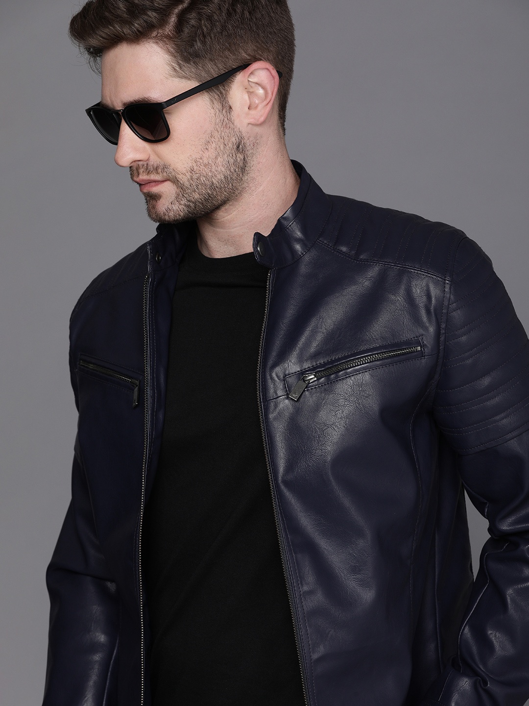 

WROGN Men Navy Blue Biker Jacket