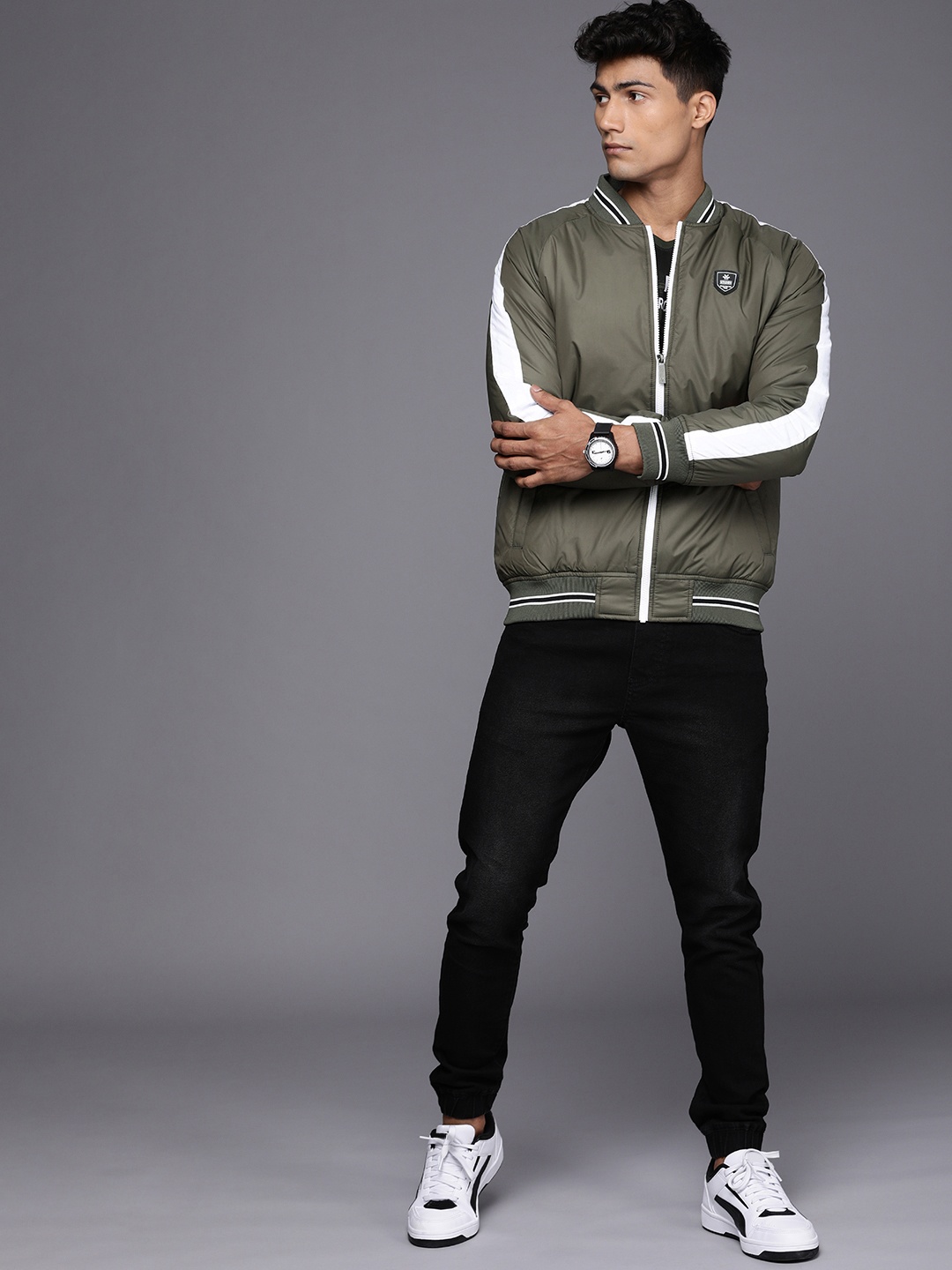 

WROGN Men Olive Green & White Solid Varsity Jacket