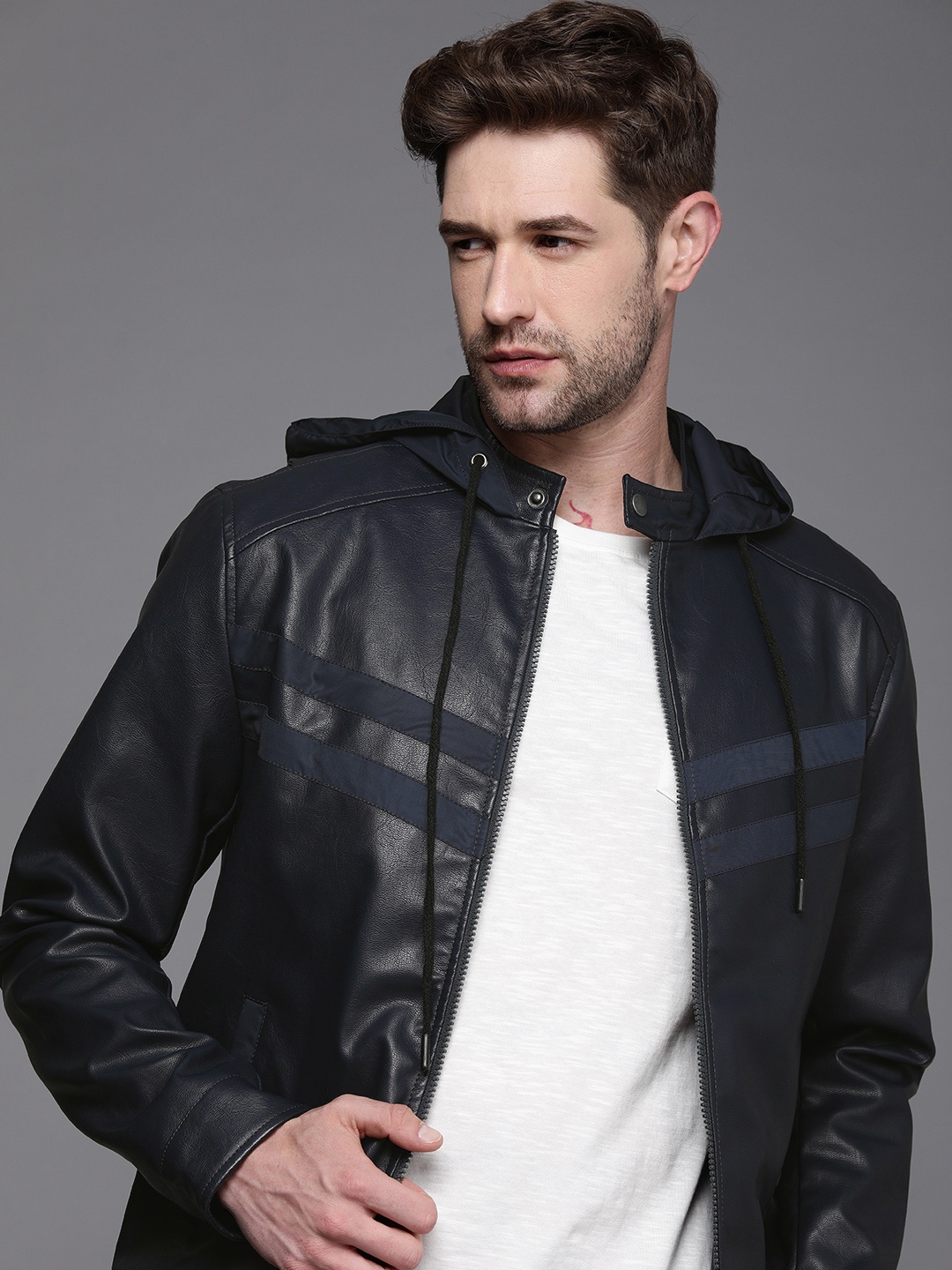 

WROGN Men Navy Blue Striped Hooded Biker Jacket