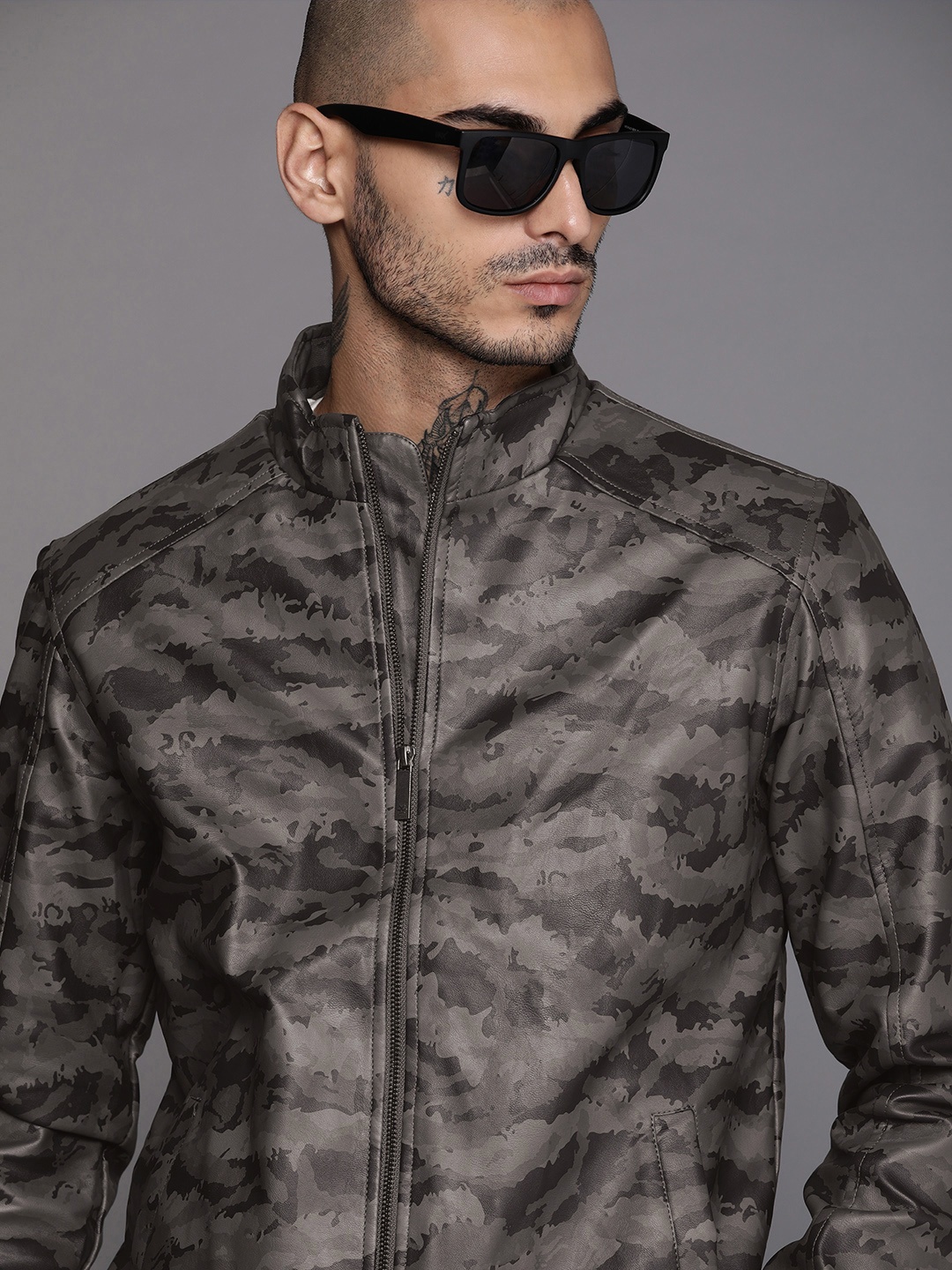 

WROGN Men Brown Camouflage Printed Slim Fit Sporty Jacket