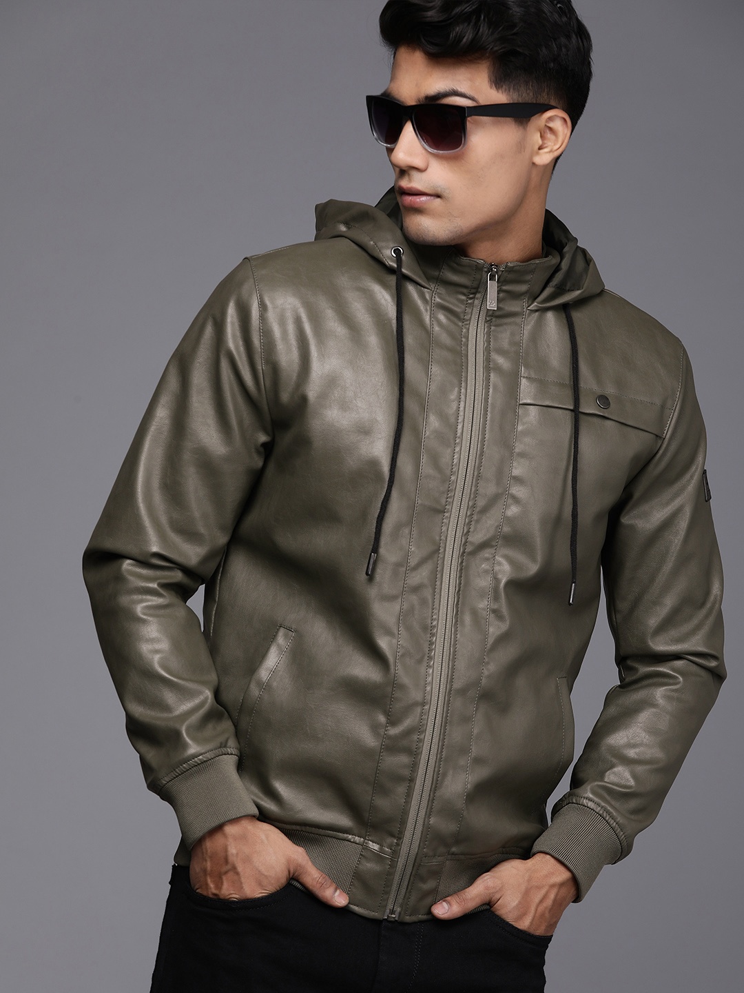 

WROGN Men Olive Green Solid Hooded Bomber Jacket