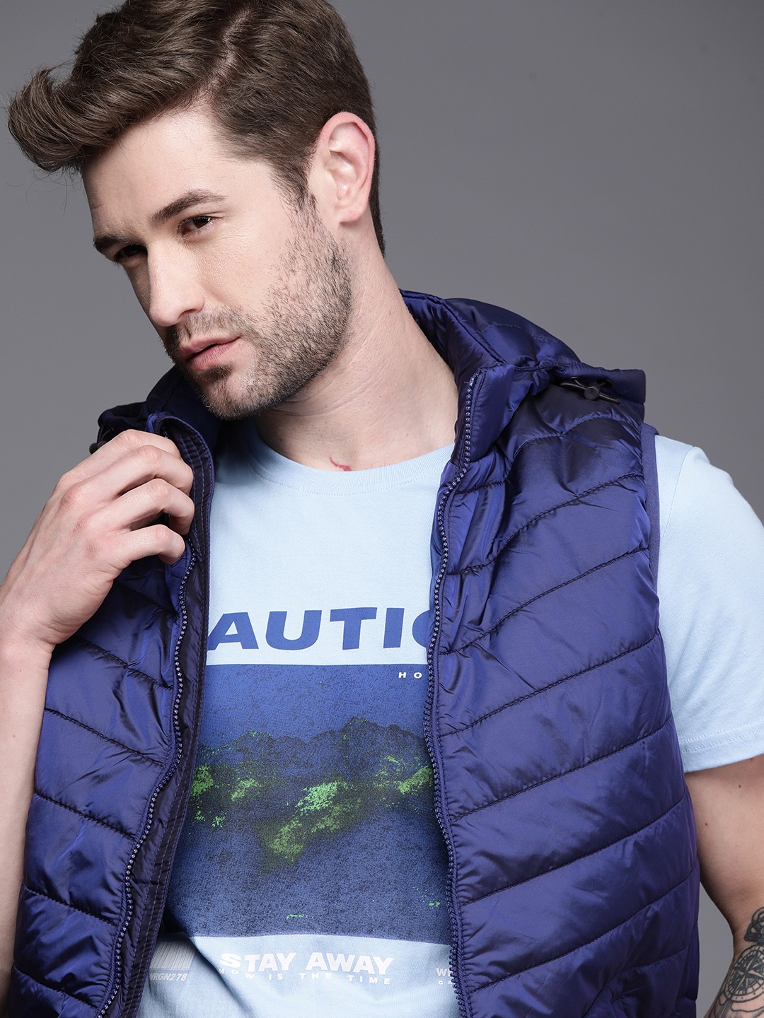 

WROGN Men Blue Slim Fit Hooded Padded Jacket