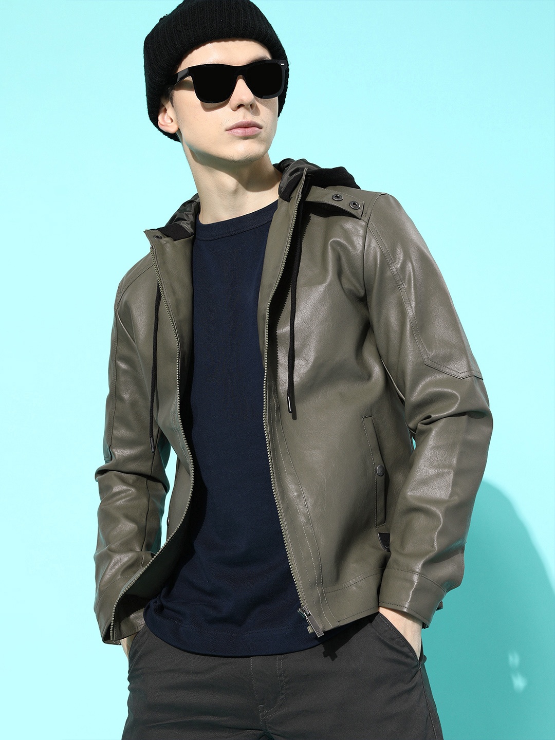 

WROGN Men Alluring Olive Solid Leather Jacket