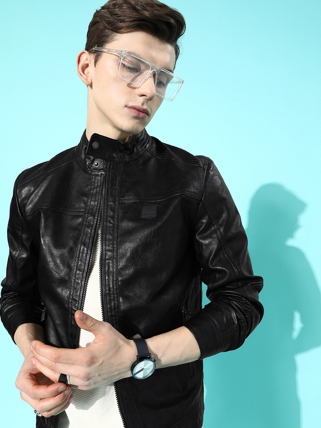 

WROGN Men Black Solid Leather Jacket