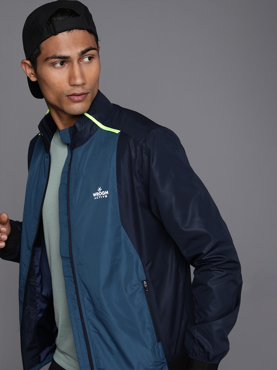 

WROGN ACTIVE Men Navy Blue Colourblocked Bomber Jacket