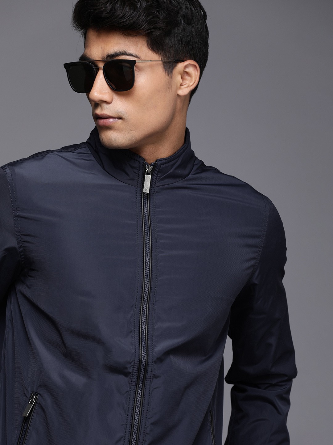 

WROGN Men Navy Blue Solid Bomber Jacket