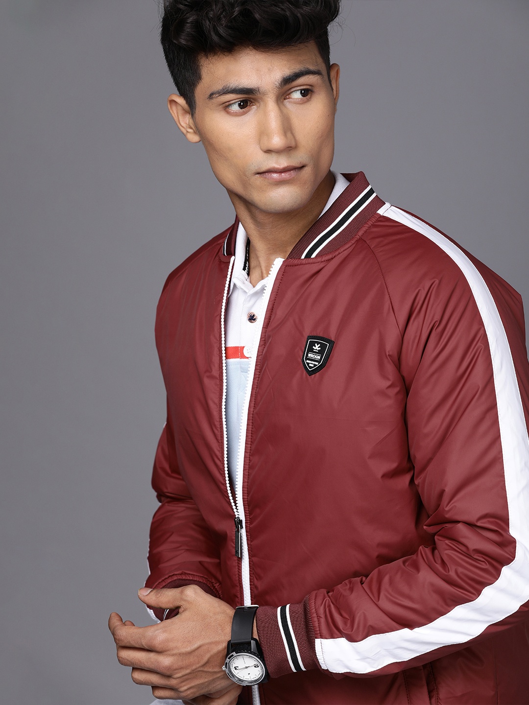 

WROGN Men Maroon & White Solid Varsity Jacket