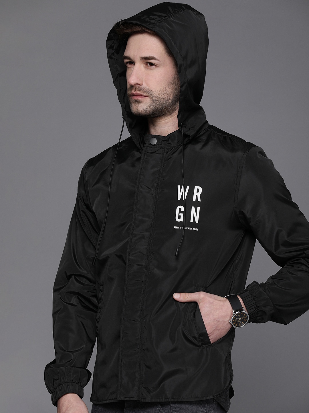 

WROGN Men Black Printed Slim Fit Hooded Tailored Jacket