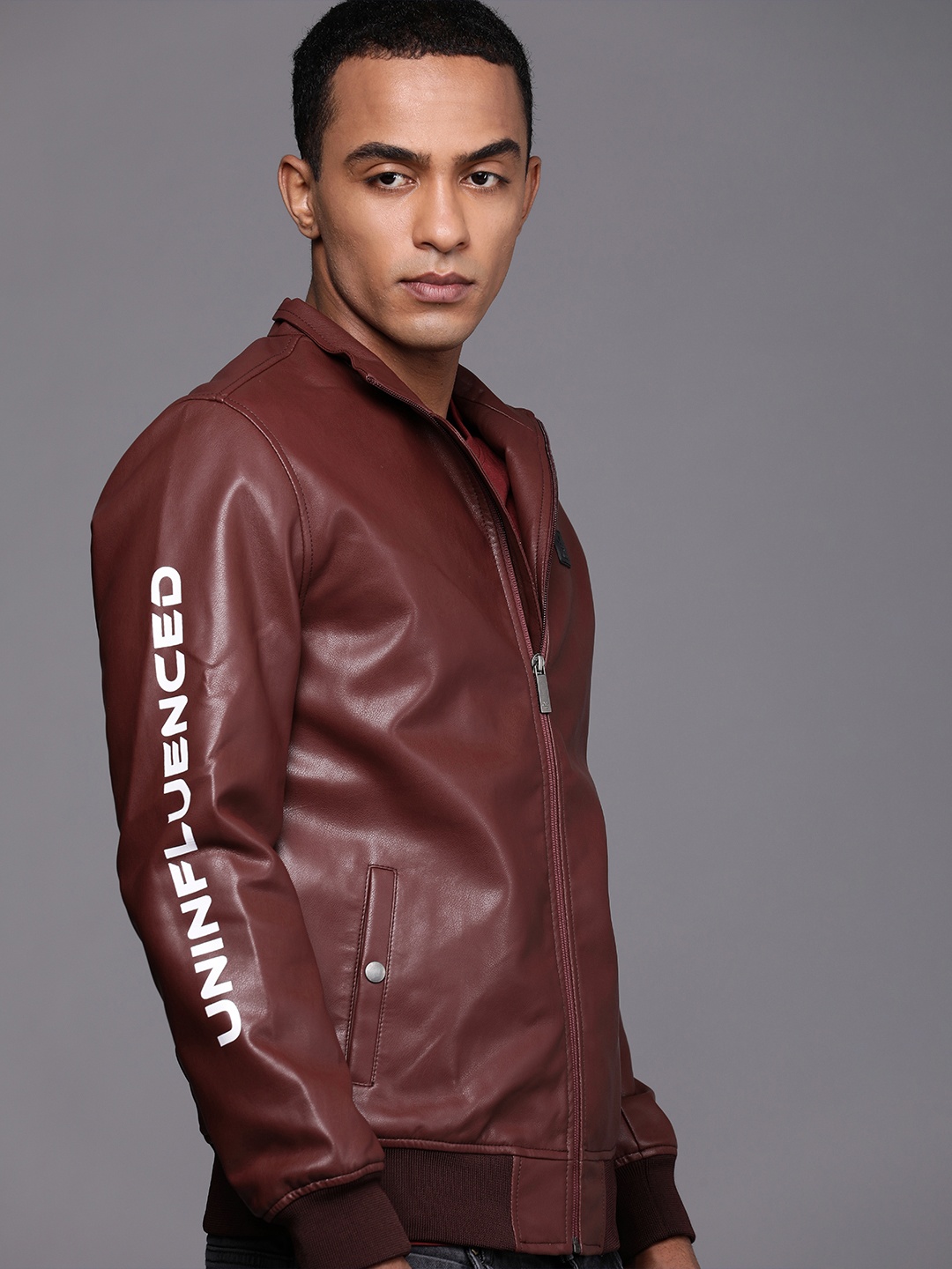 

WROGN Men Maroon Solid Bomber Jacket