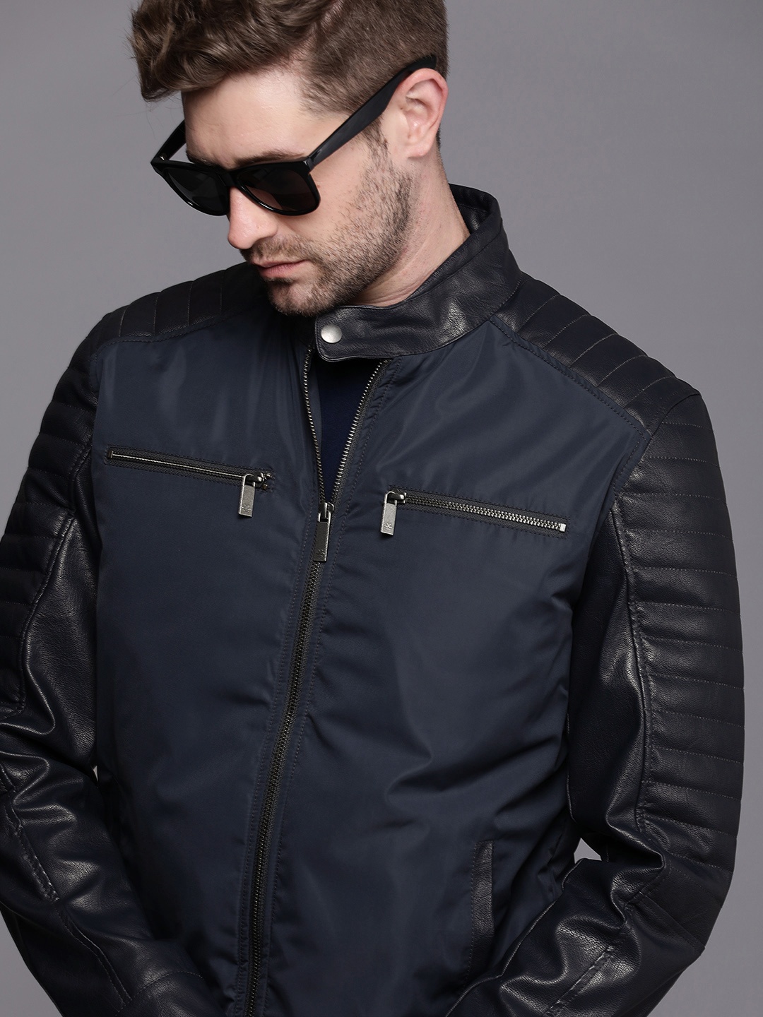 

WROGN Men Navy Blue Solid Padded Jacket