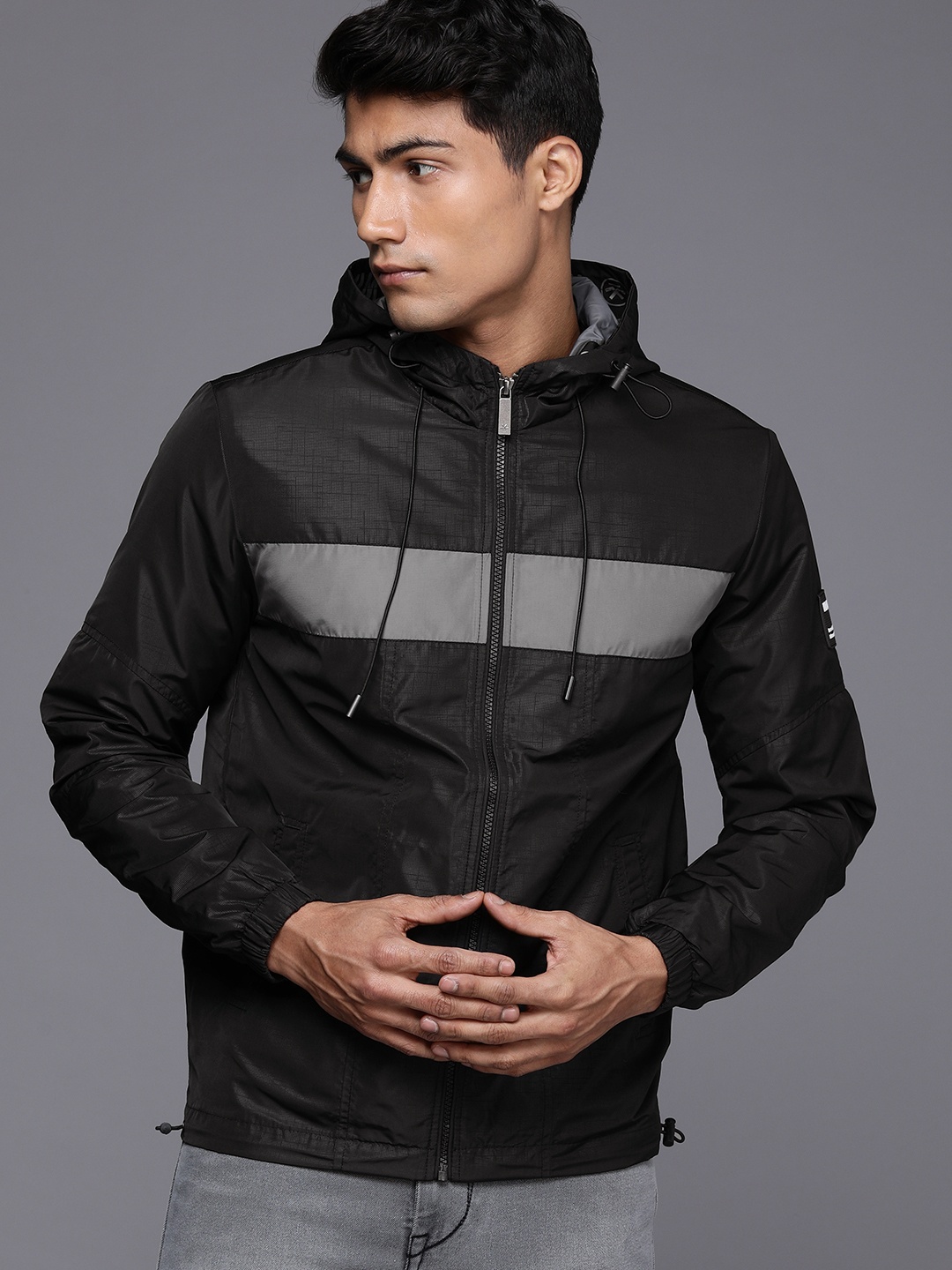 

WROGN Men Black & Grey Striped Hooded Sporty Jacket