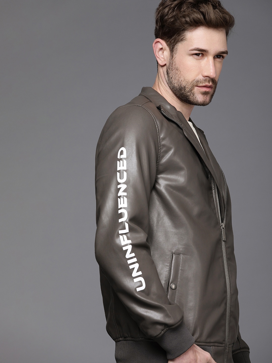 

WROGN Men Grey Solid Bomber Jacket