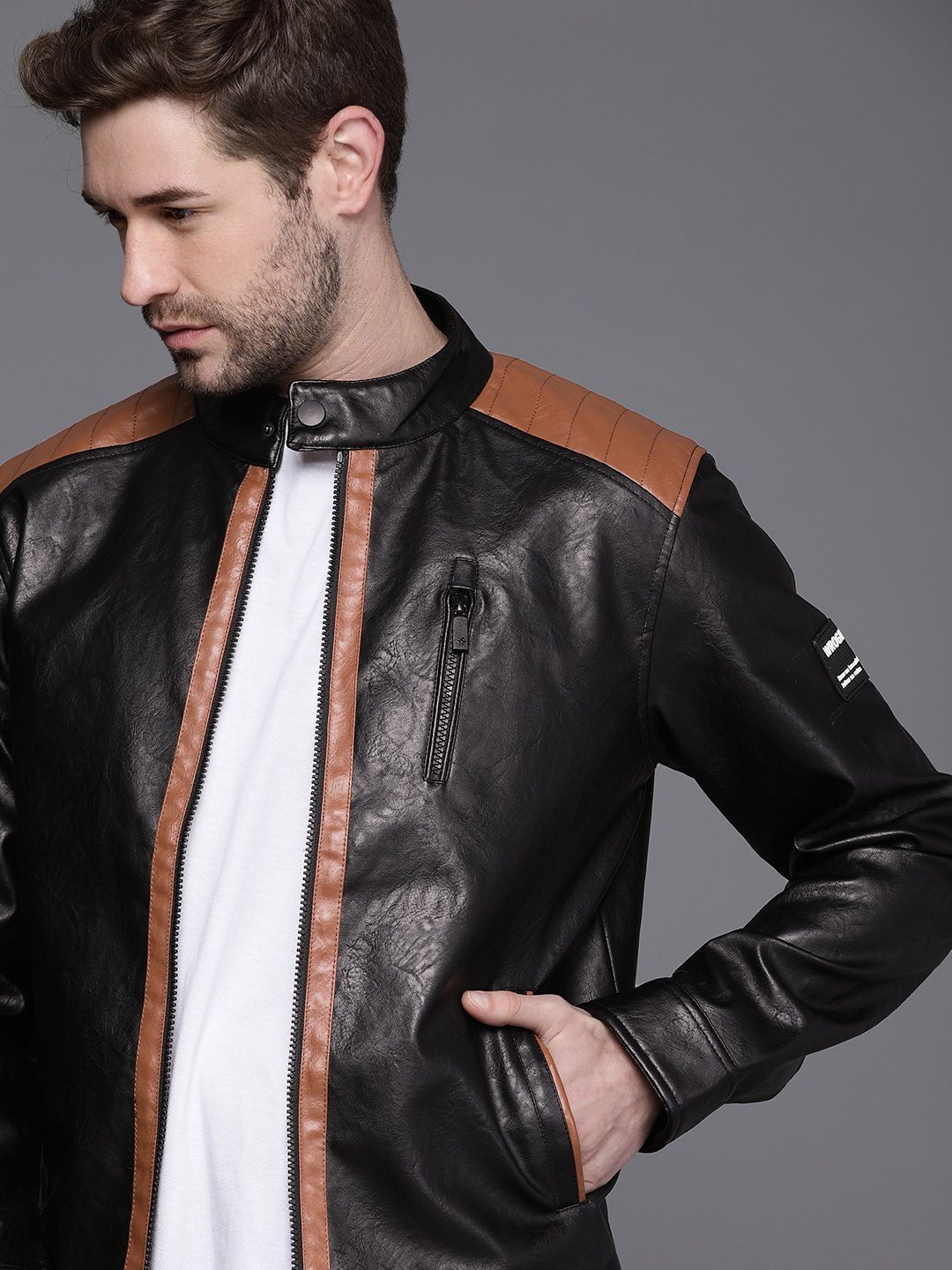 

WROGN Men Black Biker Jacket with Contrast Detailing