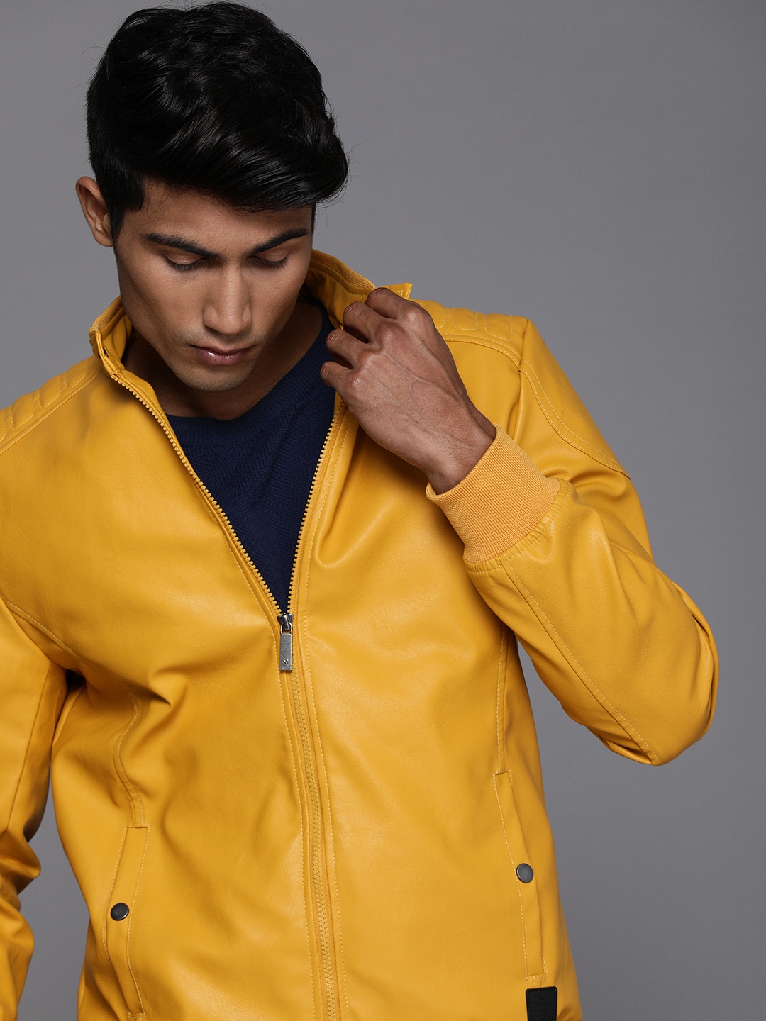 

WROGN Men Mustard Yellow Solid Stand-Collar Slim Fit Casual Bomber Jacket
