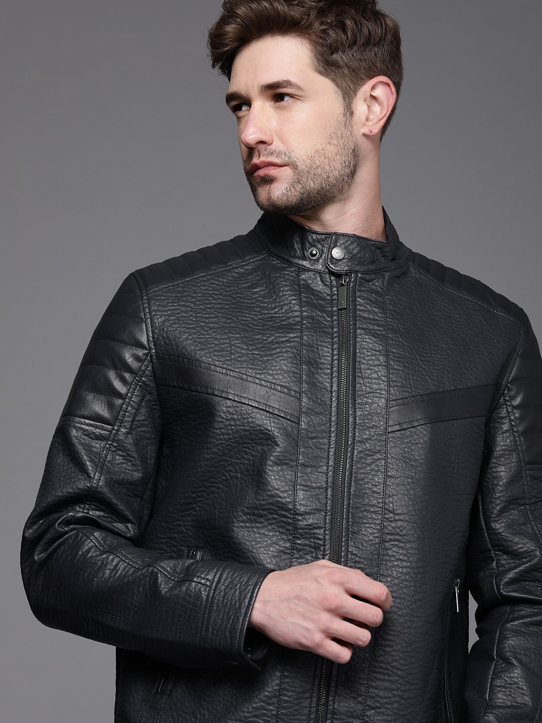

WROGN Men Navy Blue Solid Biker Jacket