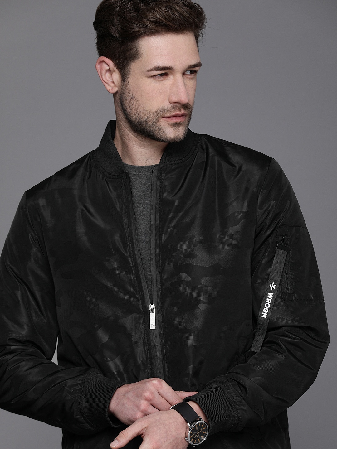 

WROGN Men Black Camouflage Slim Fit Bomber Jacket