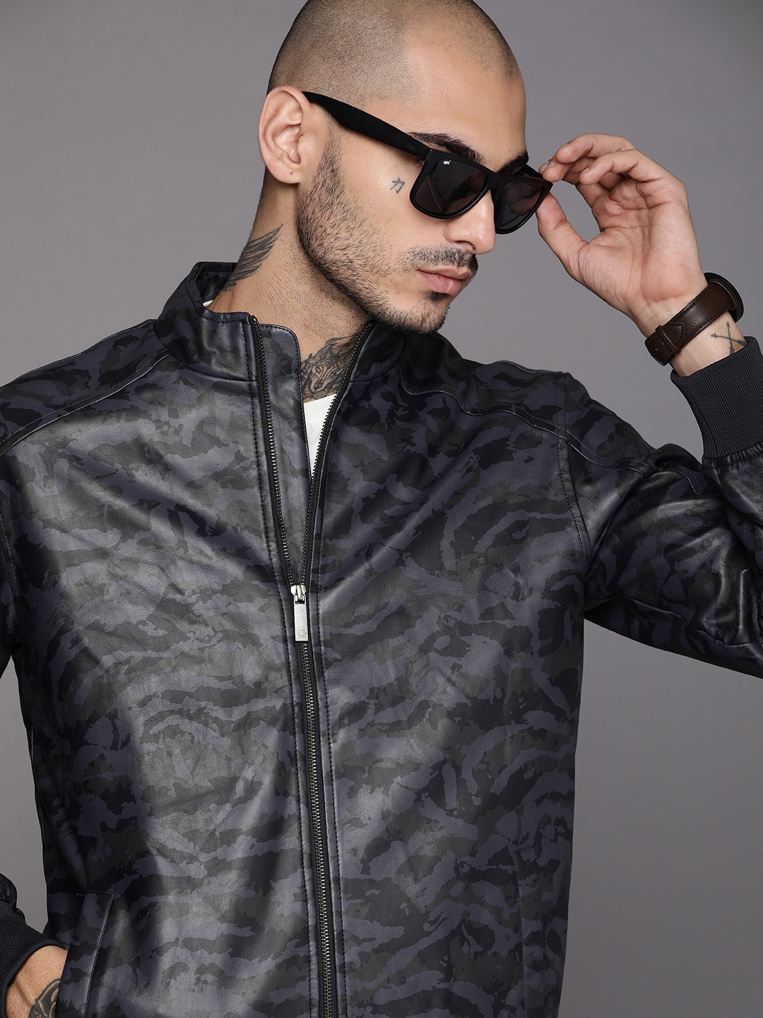 

WROGN Men Navy Blue & Black Camouflage Printed Slim Fit Sporty Jacket