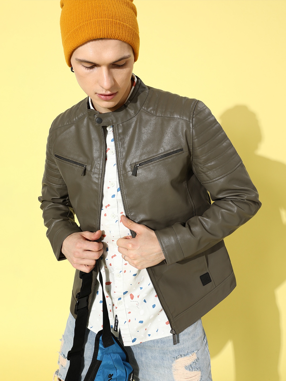 

WROGN Men Olive Solid Leather Jacket