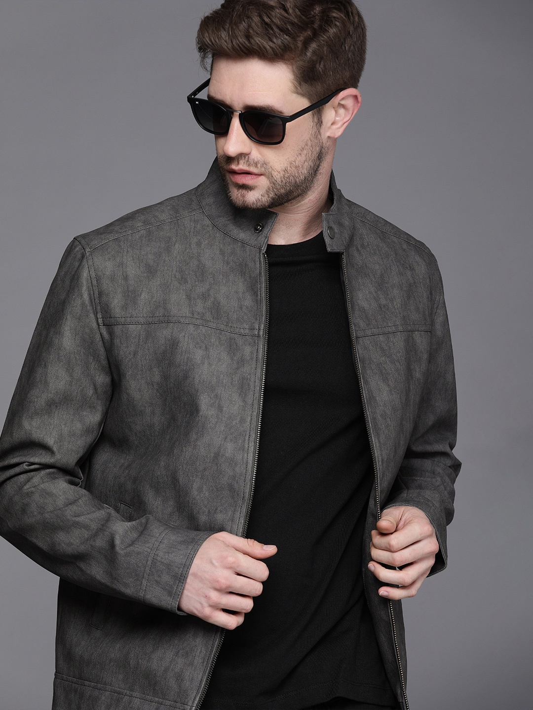 

WROGN Men Grey Melange Biker Jacket