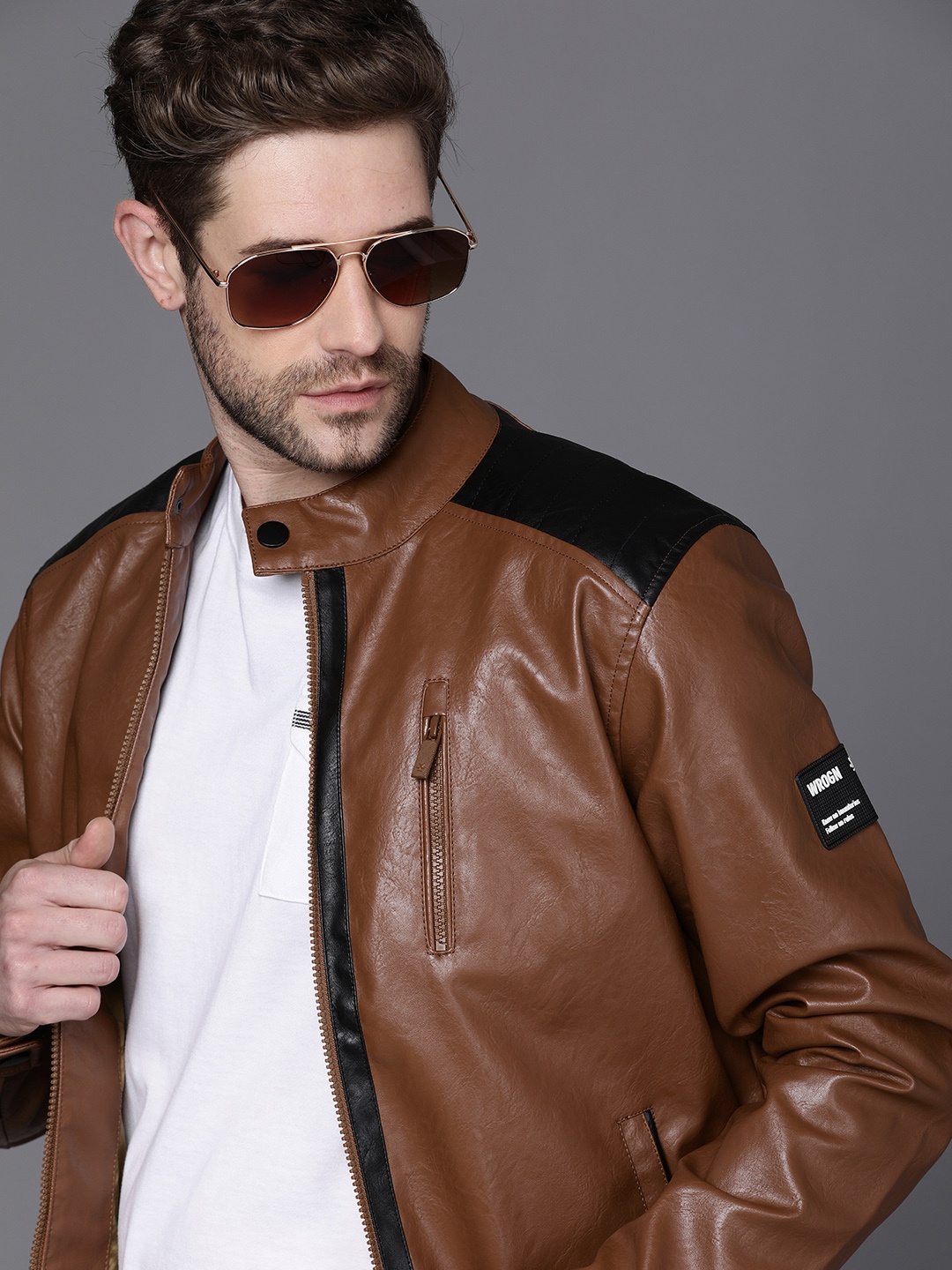 

WROGN Men Brown Solid Stand-Collar Leather Jacket