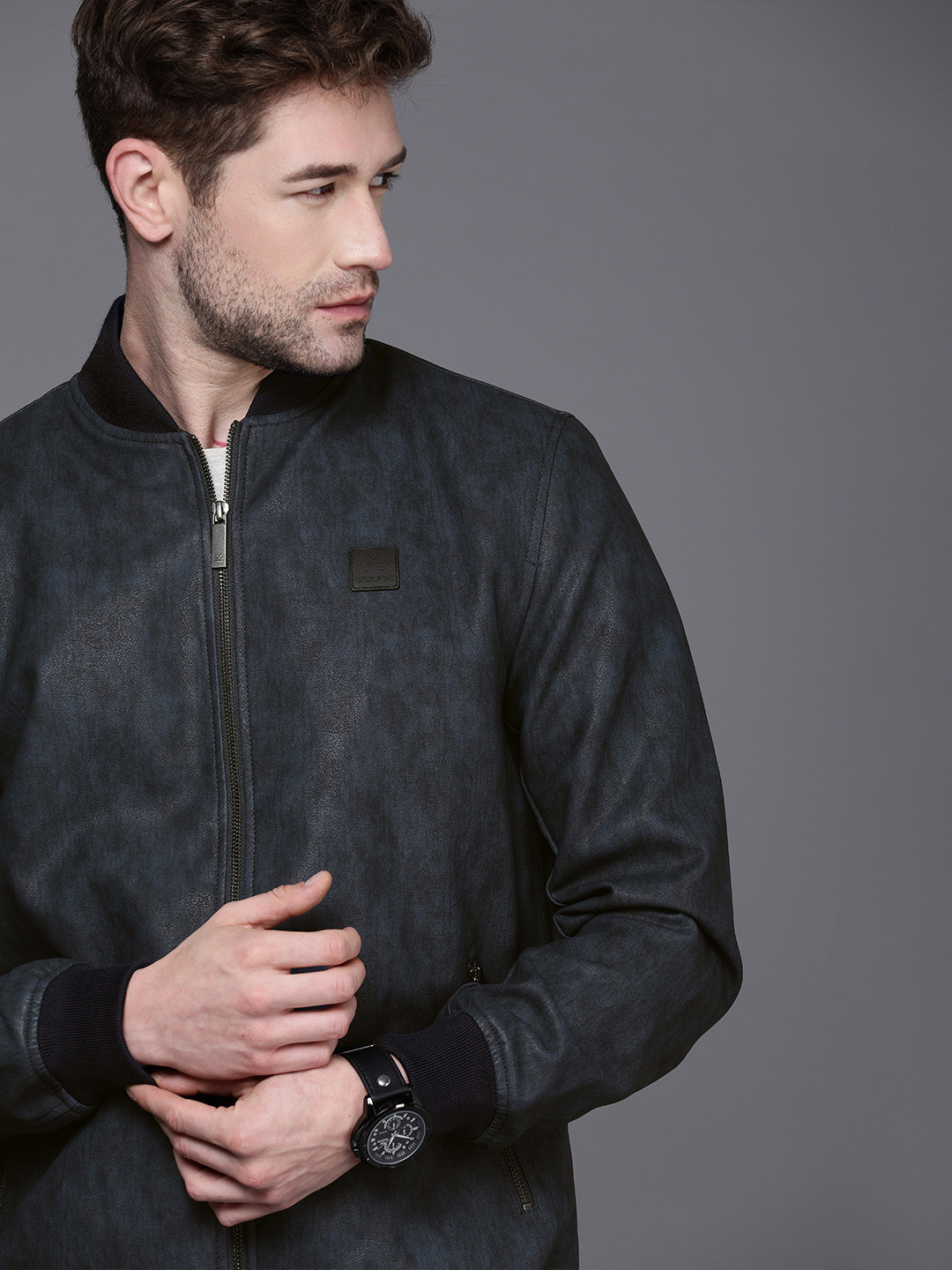 

WROGN Men Navy Blue Solid Biker Jacket