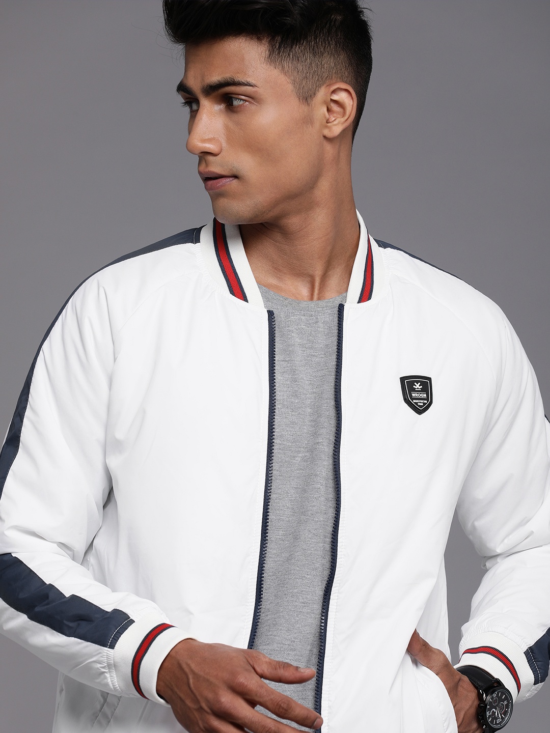 

WROGN Men White Solid Varsity Jacket