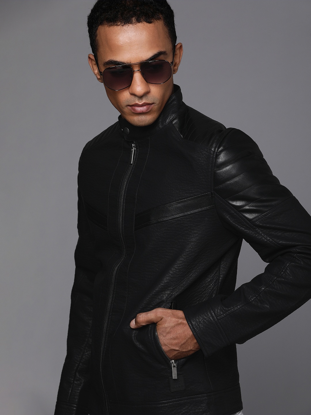 

WROGN Men Black Solid Stand-Collar Smart Casual Leather Jacket