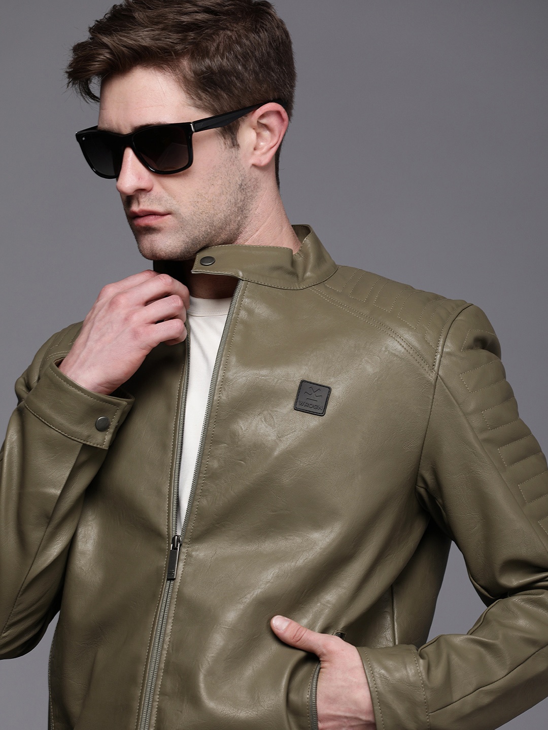 

WROGN Men Olive Green Solid Biker Jacket