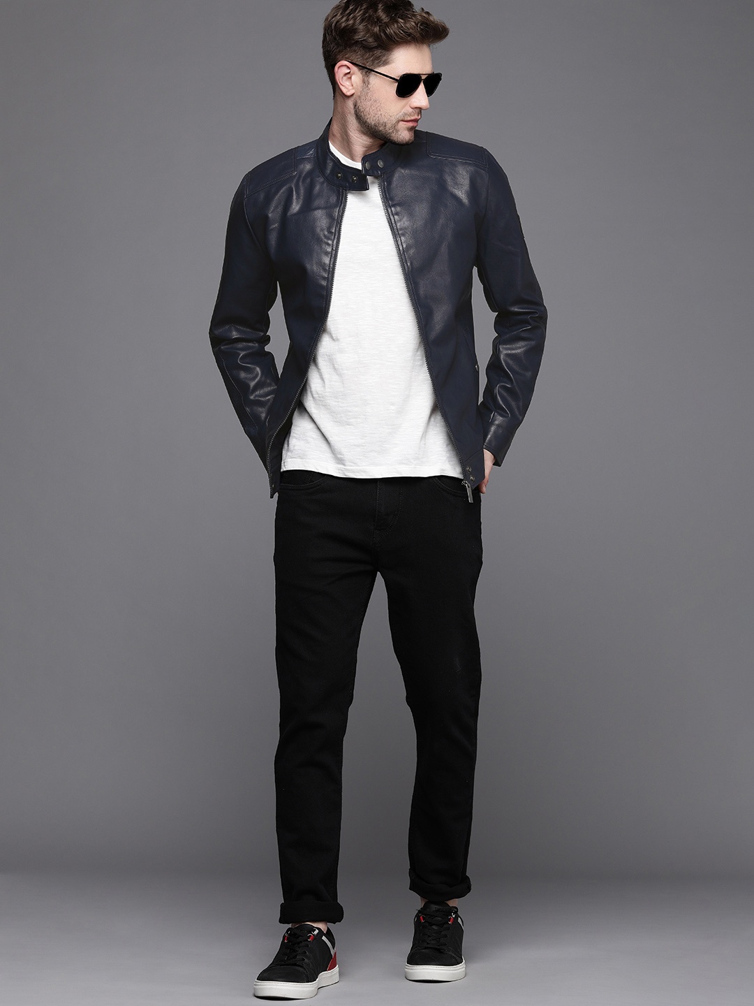 

WROGN Men Navy Blue Solid Biker Jacket