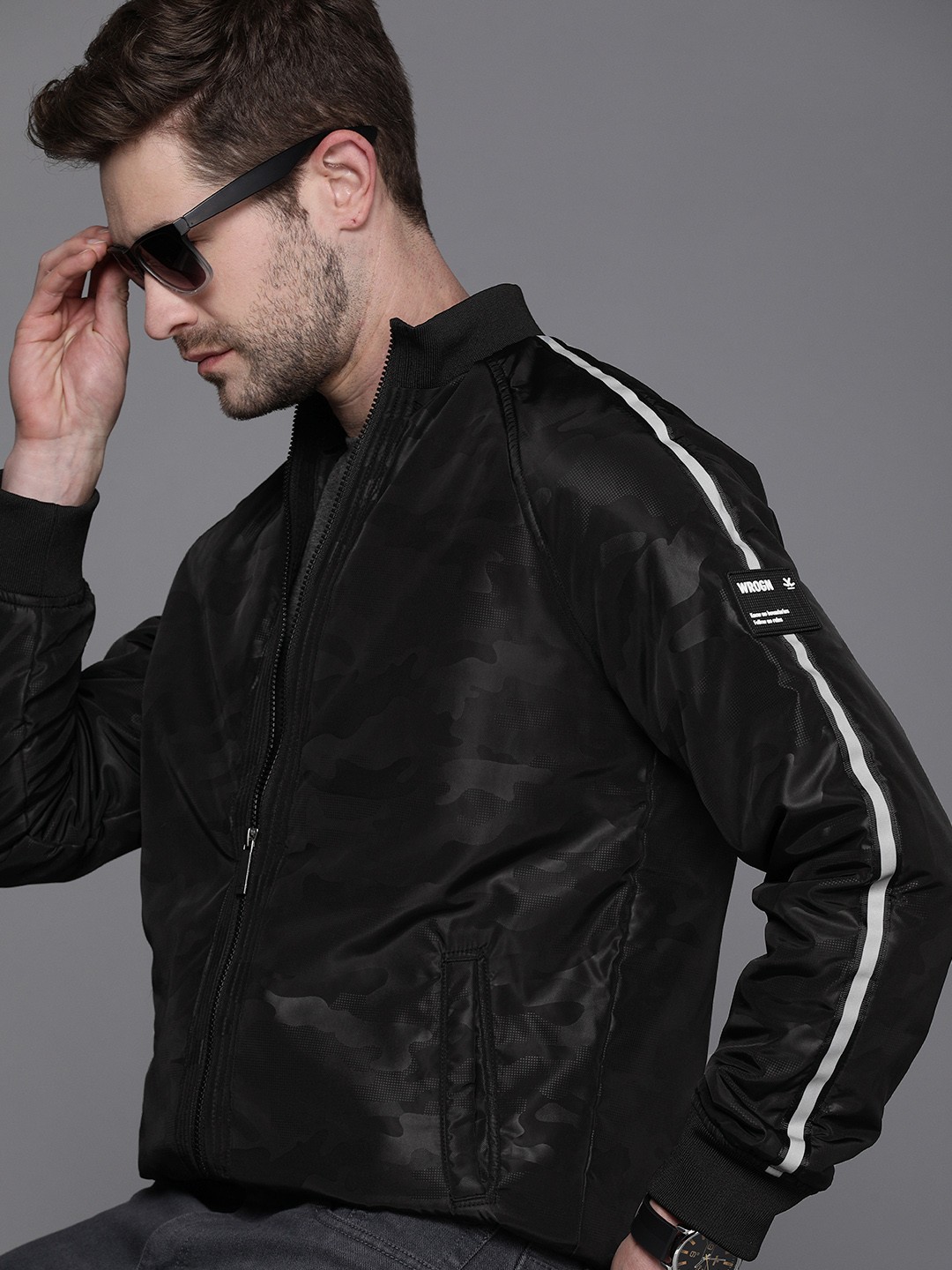 

WROGN Men Black Camouflage Slim Fit Side Taped Bomber Jacket