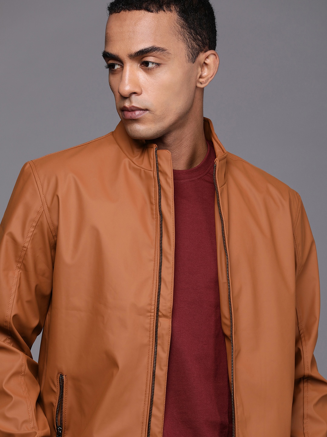 

WROGN Men Rust Brown Solid Bomber Jacket