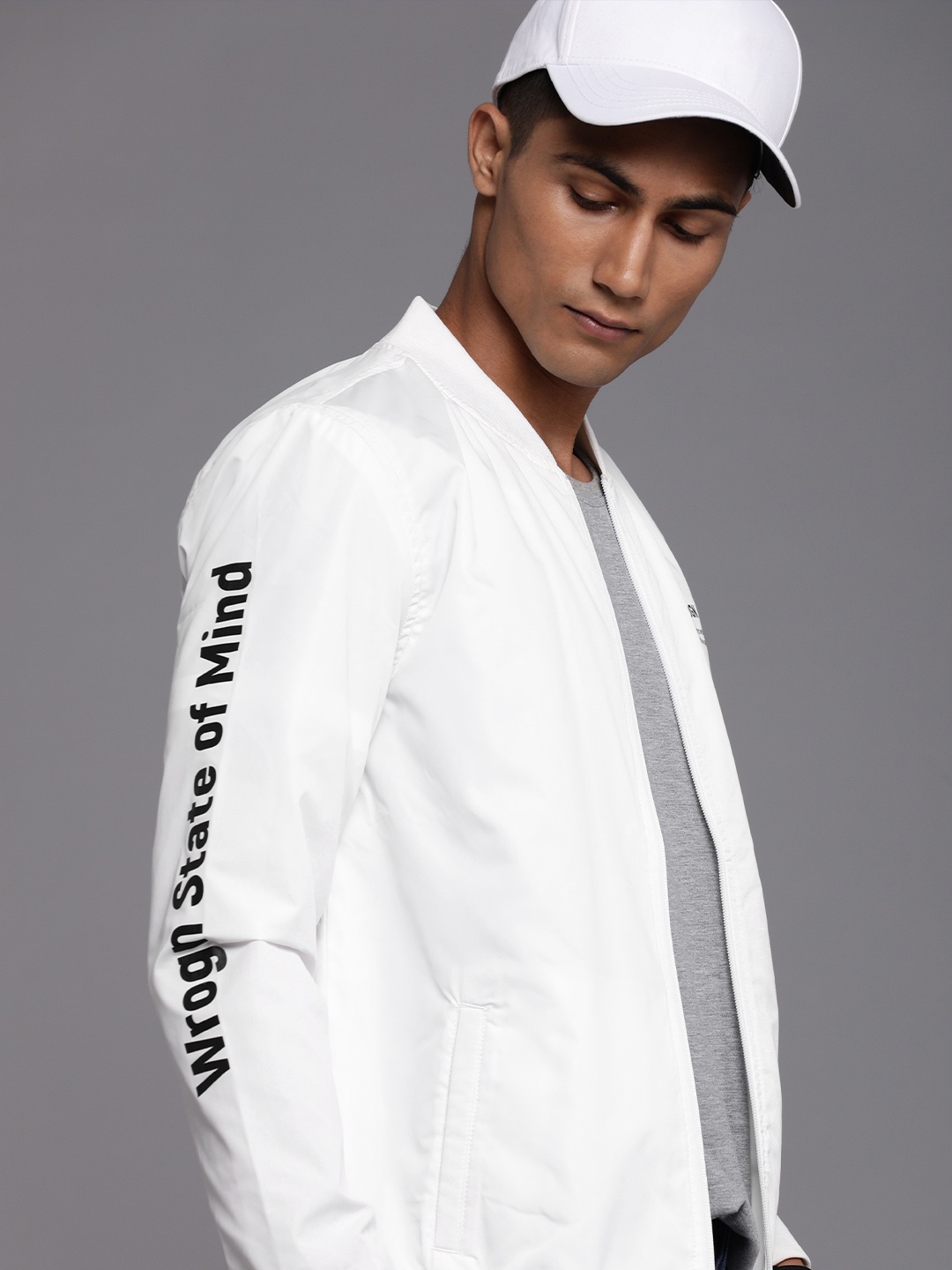 

WROGN Men White Solid Bomber Jacket with Printed Detailing
