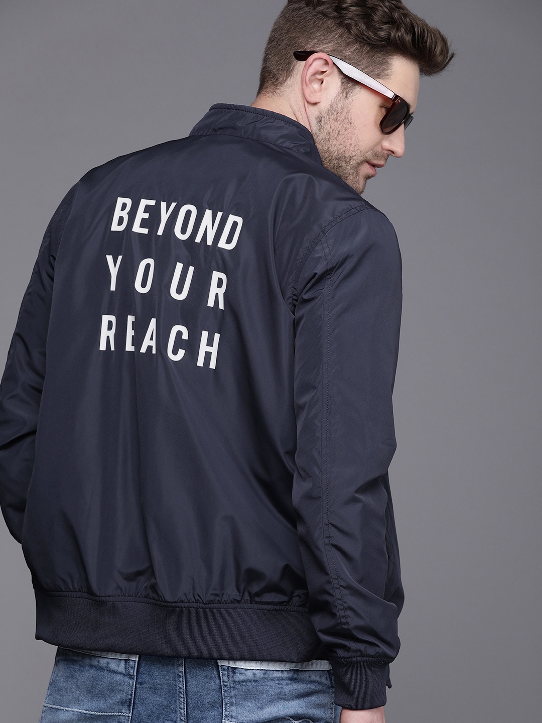 WROGN Men Navy Blue Back Typography Printed Bomber Jacket