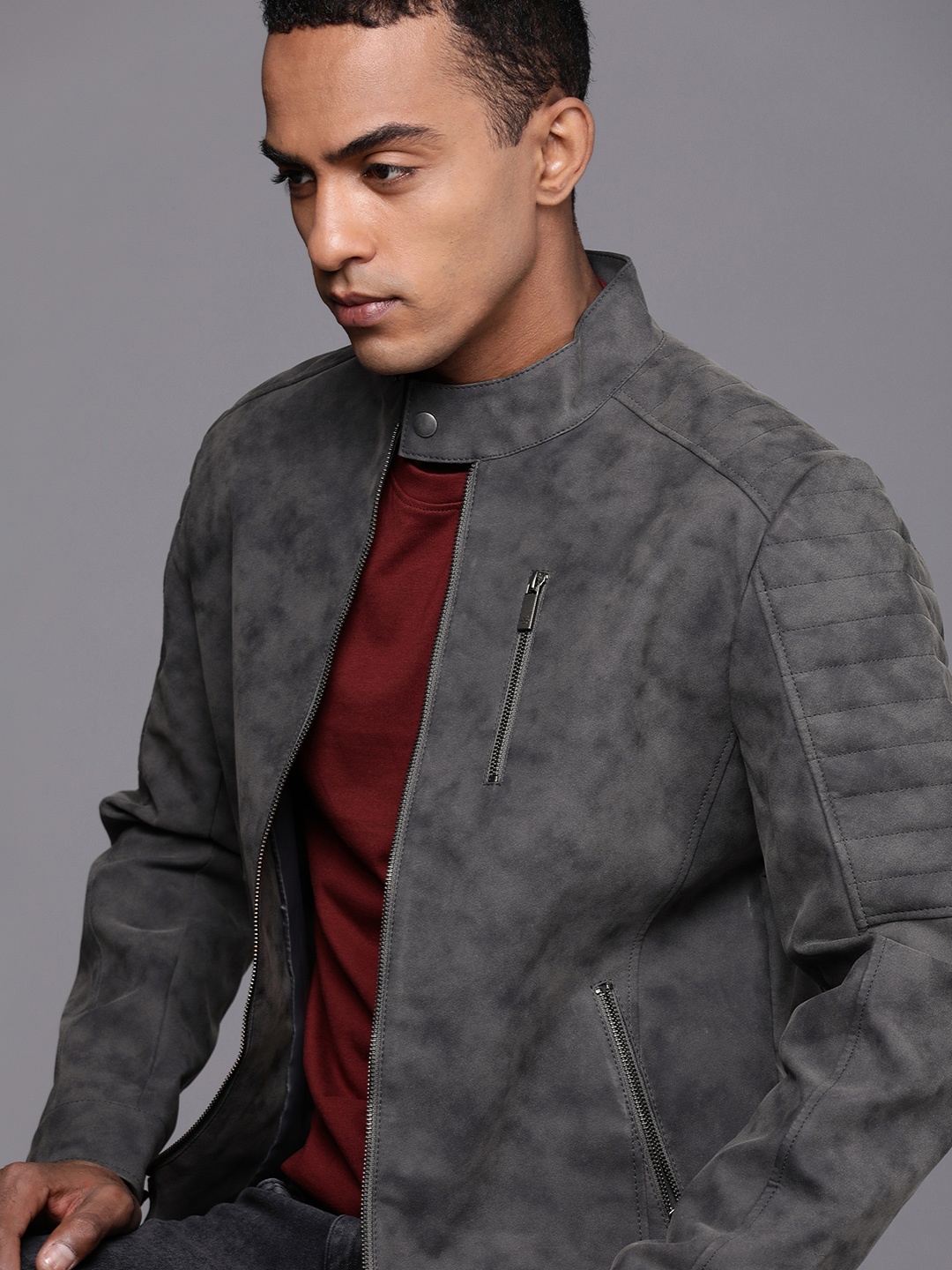 

WROGN Men Charcoal Grey Dyed Biker Jacket