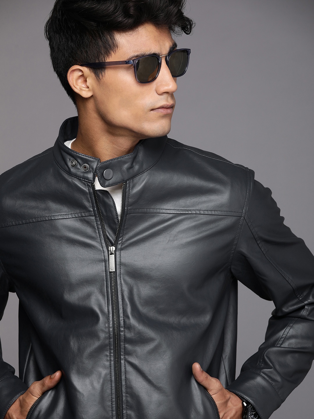 

WROGN Men Blue Solid Slim Fit Sporty Jacket