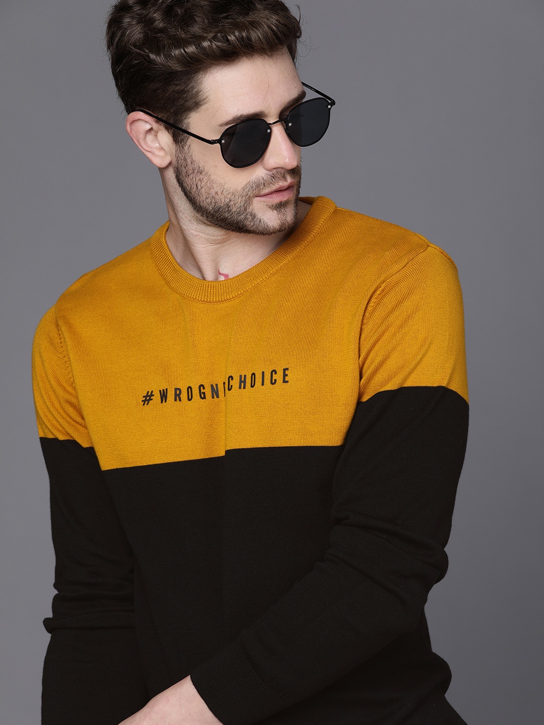 

WROGN Men Black & Yellow Colourblocked Round Neck Pure Cotton Pullover Sweater