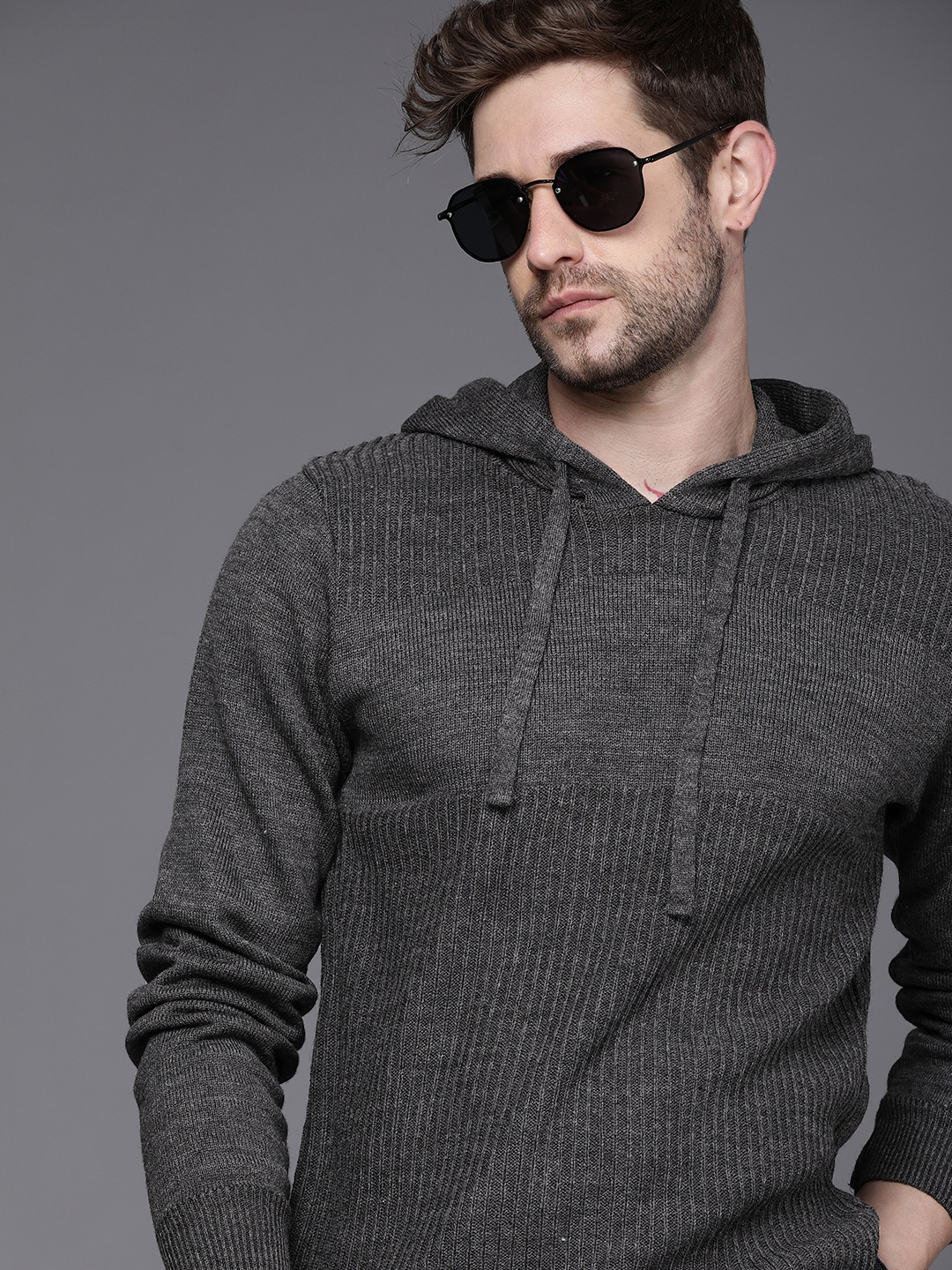 

WROGN Men Grey Ribbed Acrylic Hooded Pullover Sweater