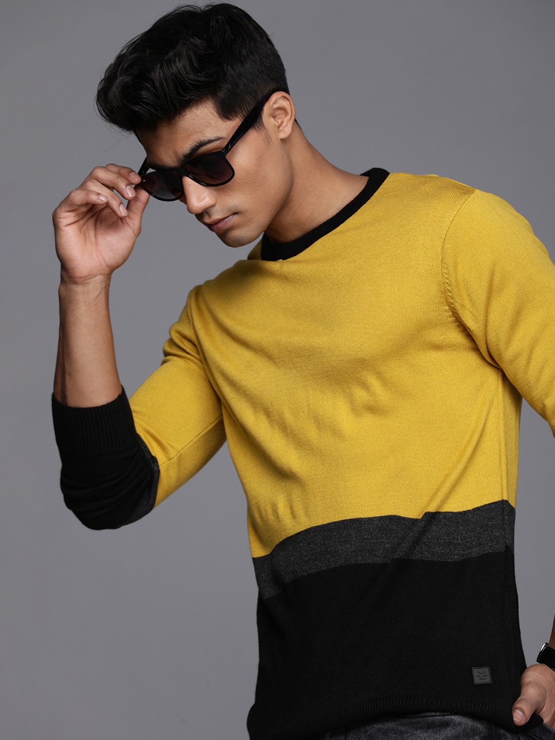 

WROGN Men Yellow & Black Colourblocked Pullover