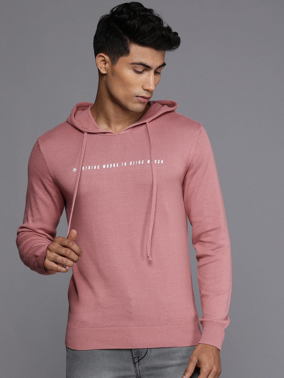 

WROGN Men Pink Typography Printed Hood Pullover
