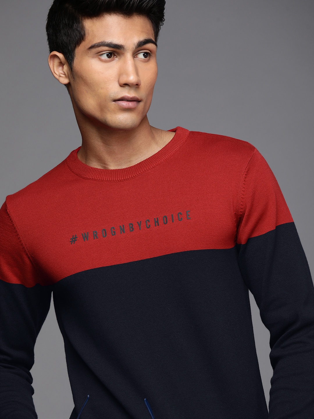 

WROGN Men Red & Navy Blue Colourblocked Pullover Sweater