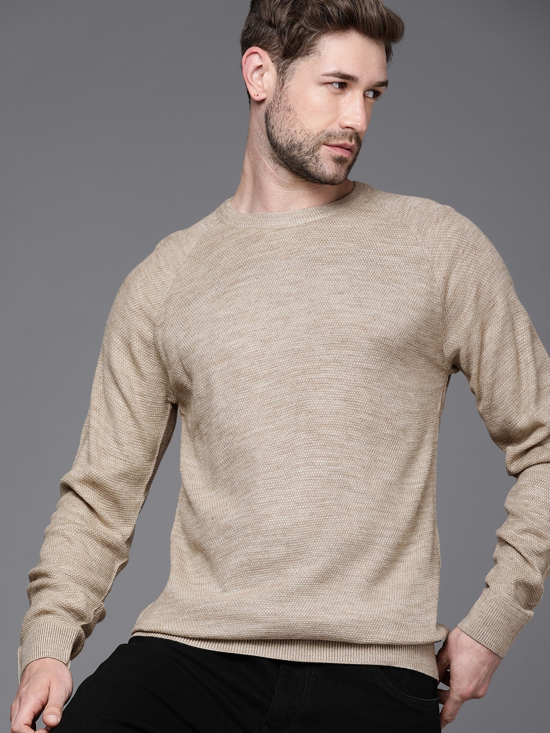 

WROGN Men Beige Boucle Acrylic Pullover Sweater