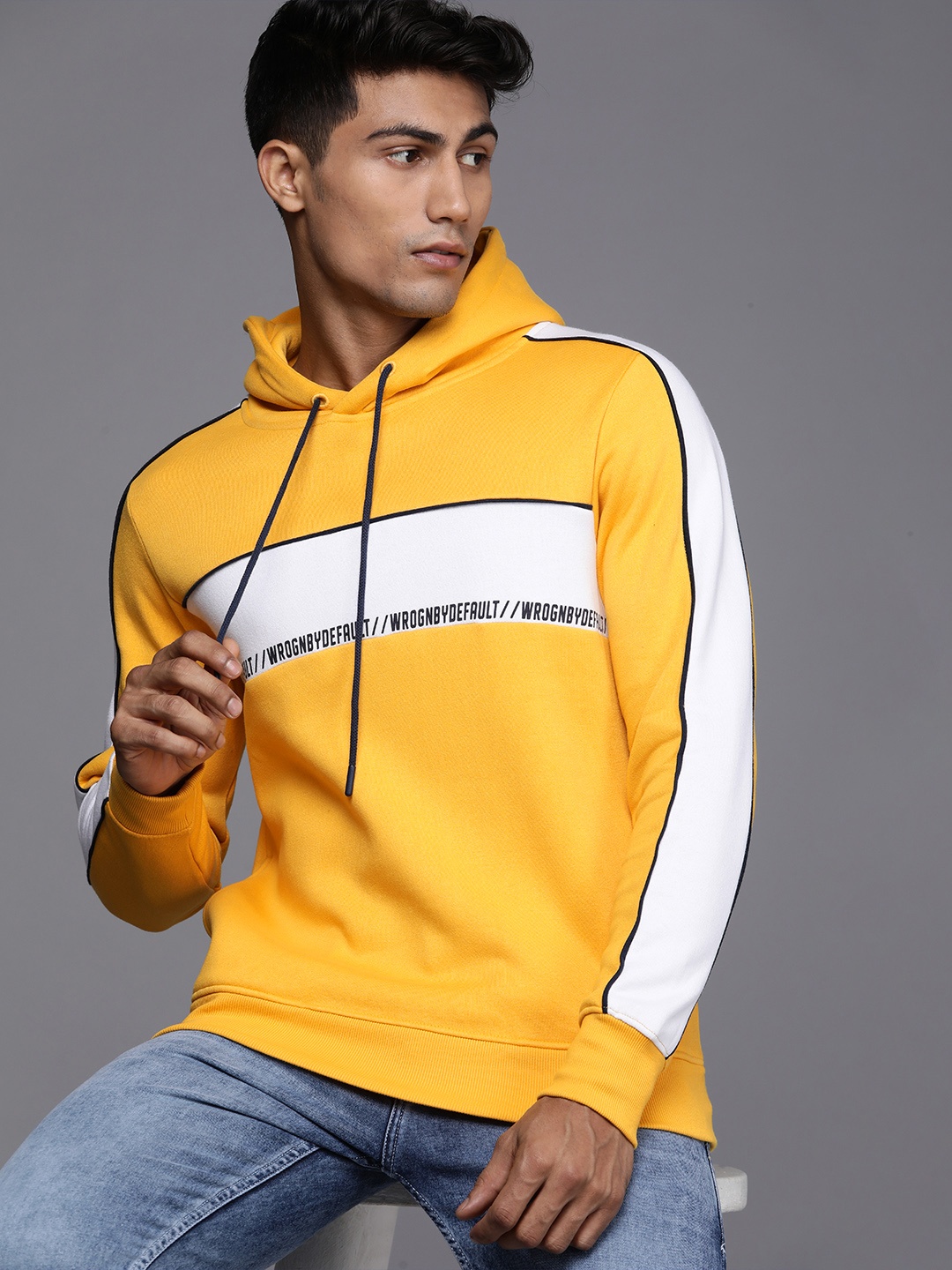 

WROGN Men Mustard Yellow Colourblocked Hooded Sweatshirt