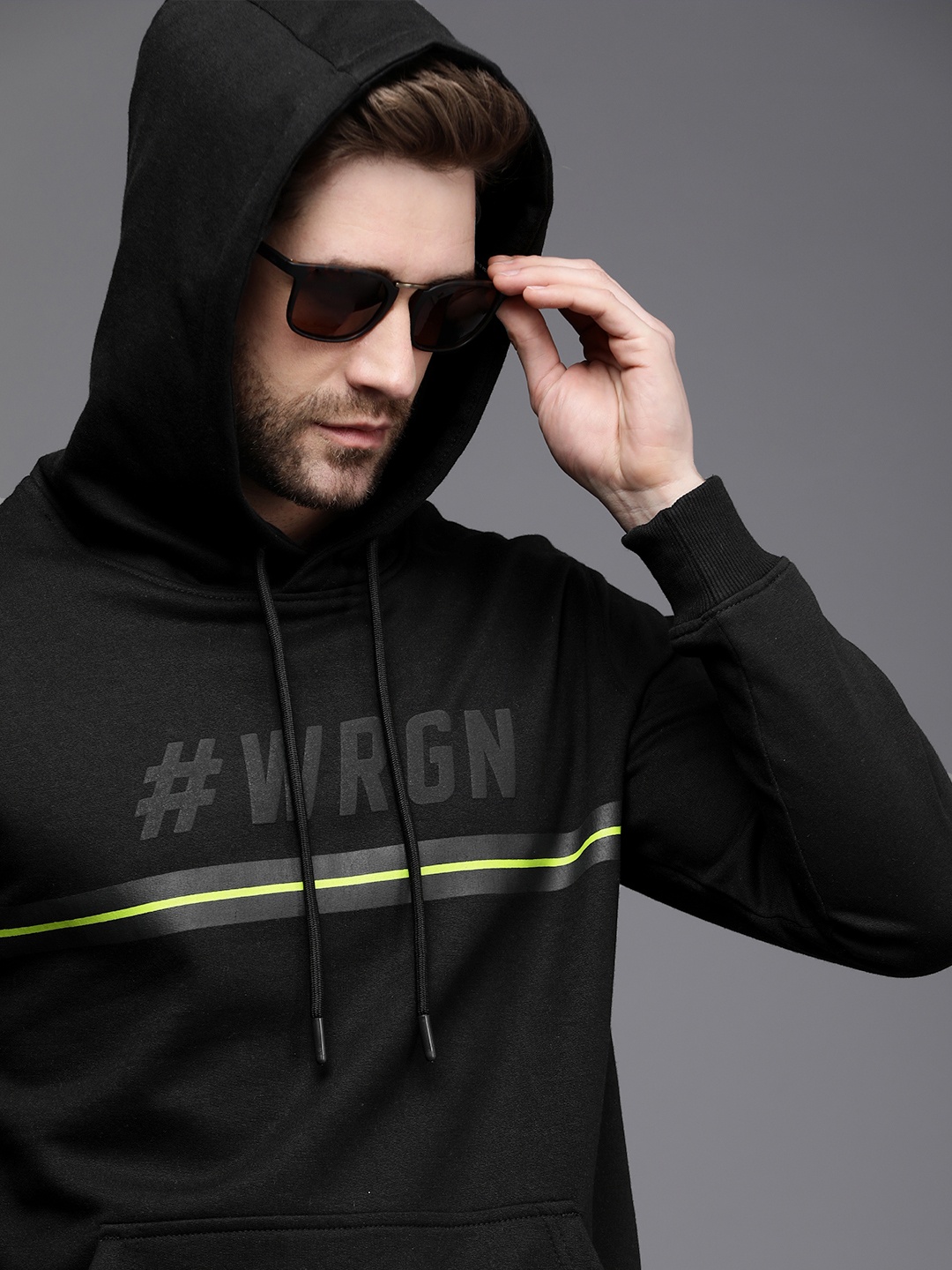 

WROGN Men Black Printed Slim Fit Hooded Sweatshirt