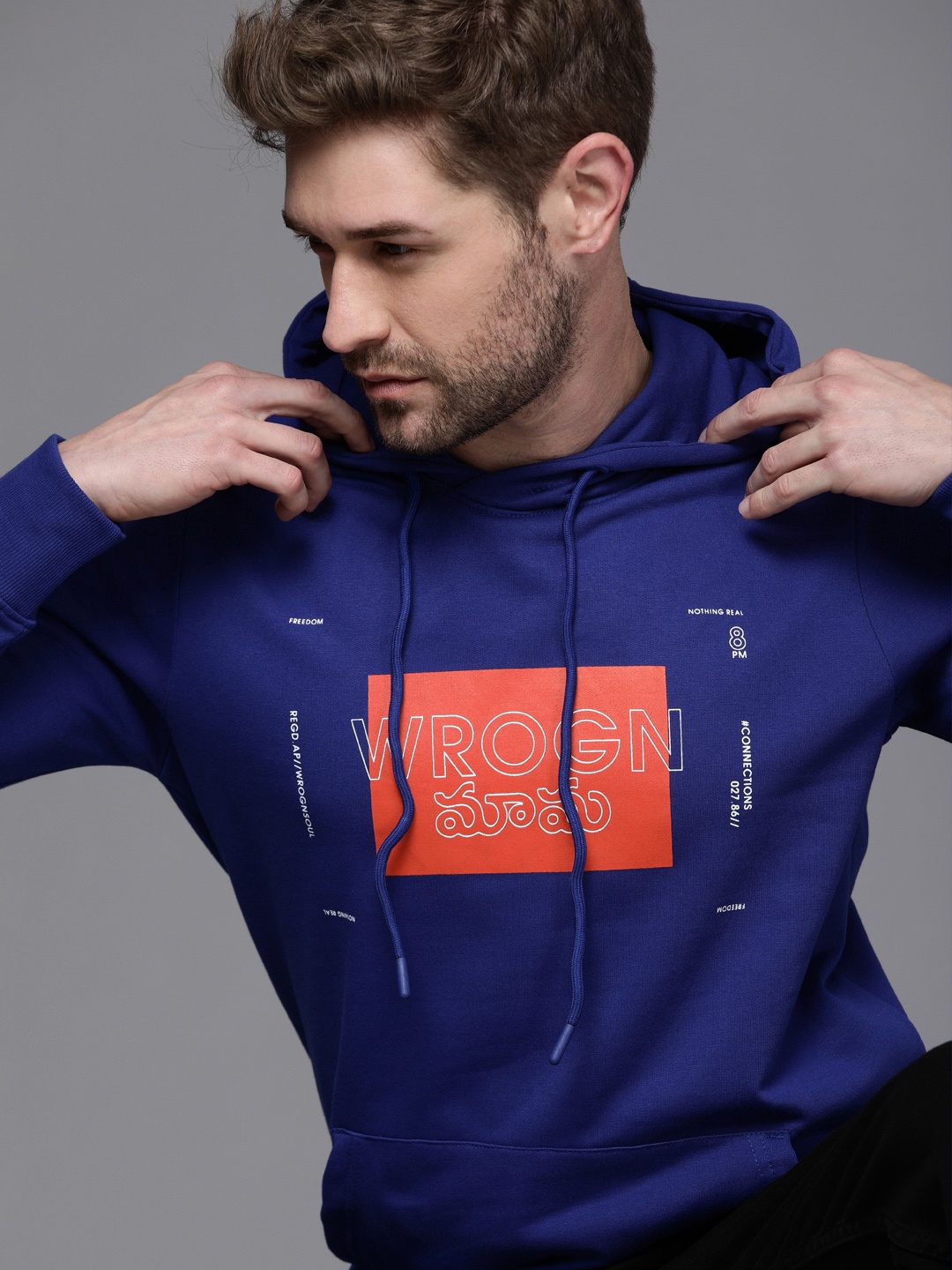 

WROGN Men Blue Logo Printed Slim Fit Hooded Pullover Sweatshirt