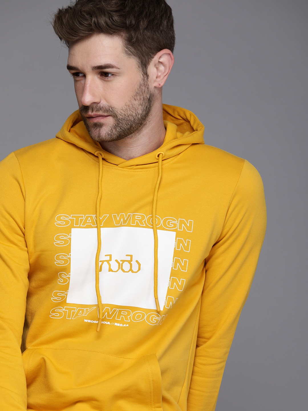 

WROGN Men Mustard Yellow Printed Hooded Pullover Sweatshirt